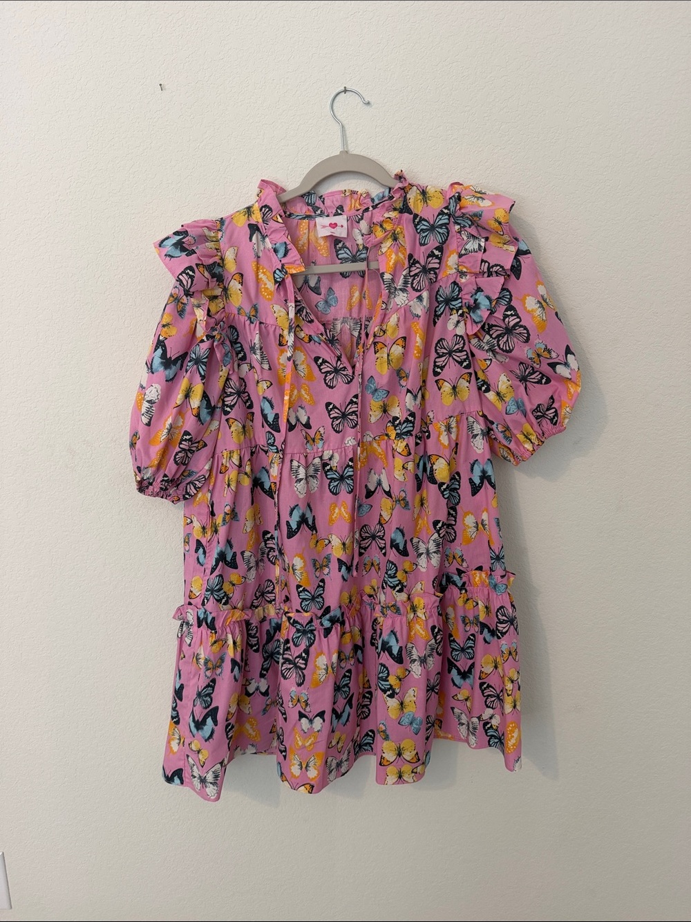 Buddy Love Pink Butterfly Print Women’s Top with Ruffled Collar
